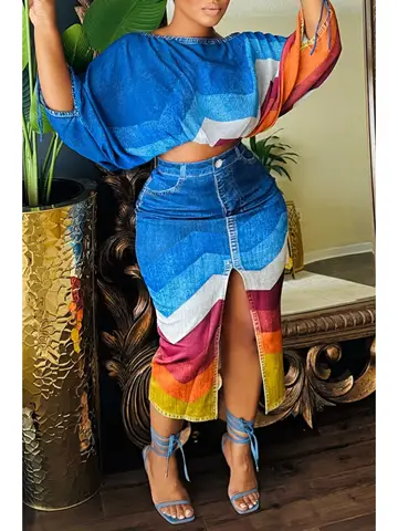 Geometric Print Short-Sleeve Ruffled Crop Top with Drawstring Split Midi Skirt 2-Piece Outfit