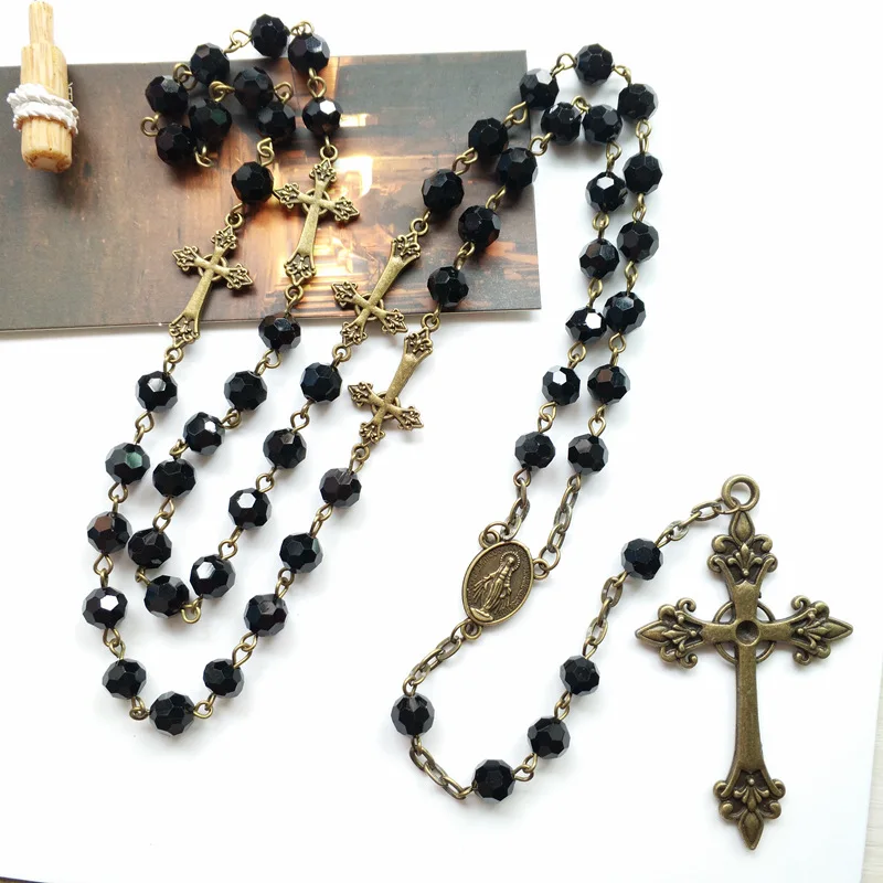 Black Crystal Long Ancient Bronze Cross Pendant Necklace For Men Women Religious Jewelry