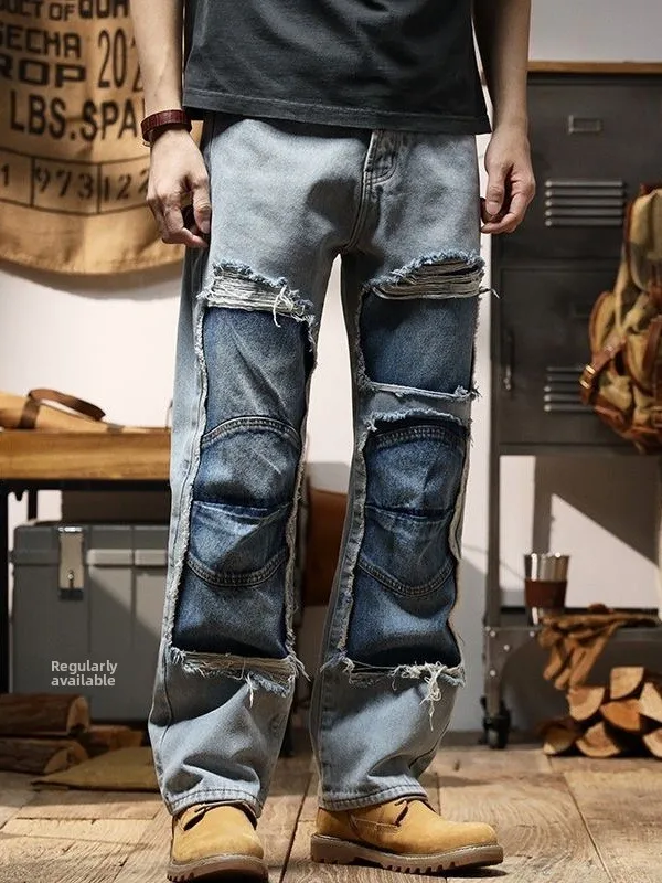 Men's Ripped Patchwork Fake Two-Piece Jeans Loose Straight American Style Casual Workwear Trousers Trendy Brand Jeans