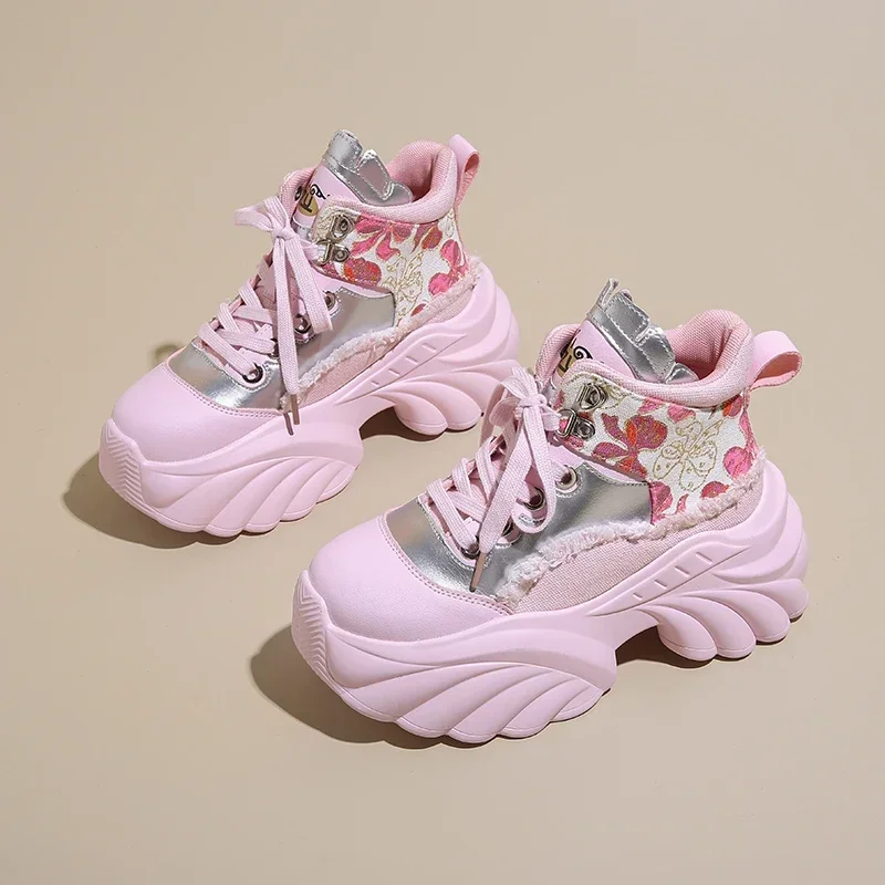 New Women Casual Platform Sneakers 8.5CM High Heels Autumn Sports Leather Shoes Breathable Trainers Chunky Zapatos Mujer