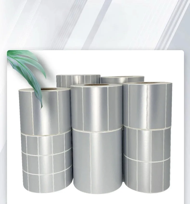 Factory Matte silver PET label paper 20-100mm waterproof self-adhesive barcode printing paper blank fixed asset label rolls