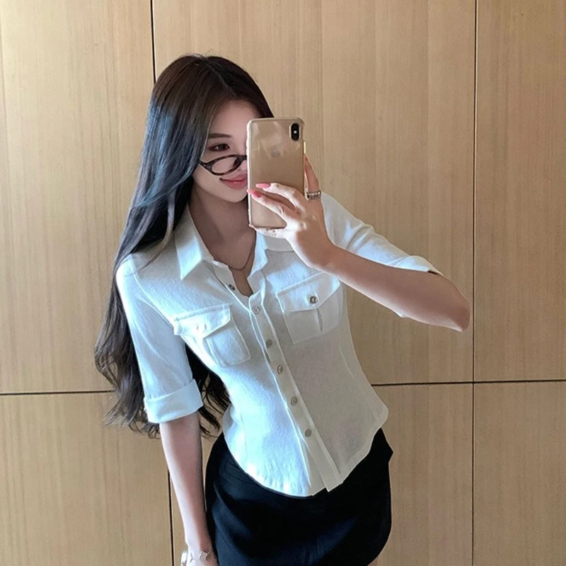 Sexy Spice Girls Knit Half Sleeve Shirt Turn-down Collar Safari Style Vintage Blouses All-match Slim Casual Trendy Mujer