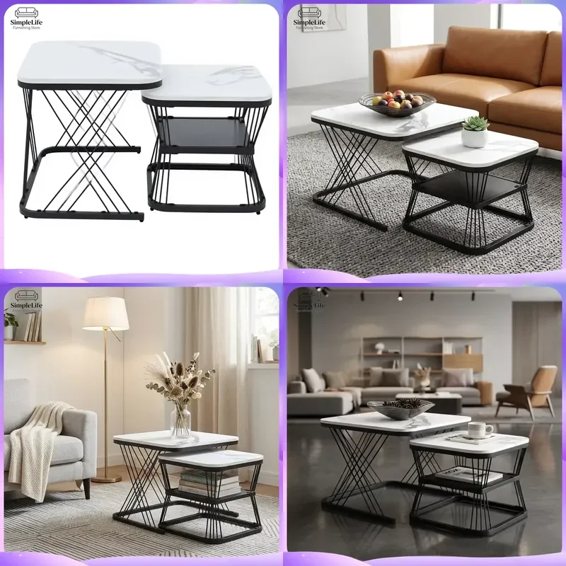 Modern Nested Coffee Table Set 2 pcs Marble Pattern Side Table Space Saving Living Room Furniture Double Storage Table