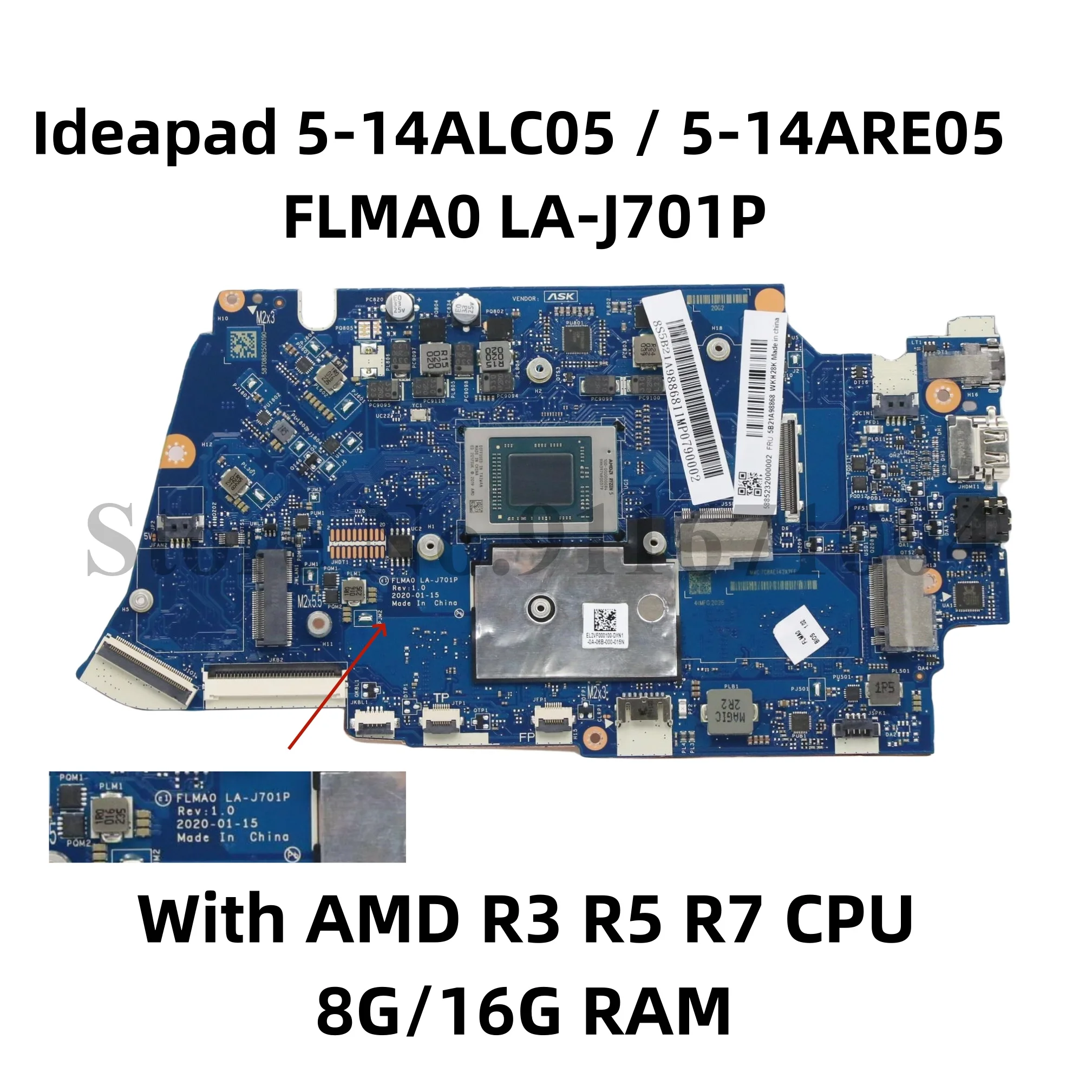 5B21A98877 5B20Z56966 For Lenovo Ideapad 5-14ALC05 5-14ARE05 Laptop Motherboard FLMA0 LA-J701P With AMD R3 R5 R7 CPU 8G/16G RAM