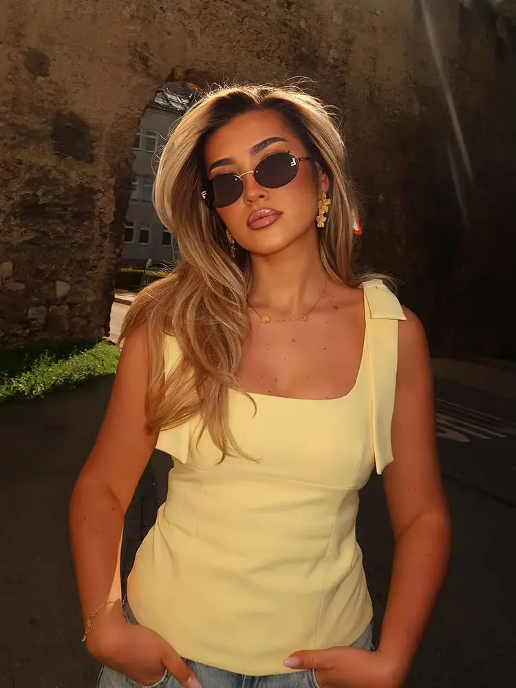 

HH 2025 Fashion Woman High Street Side Zipper Slim Tops Women Summer Sexy Sleeveless Bow Square Collar Solid Sling Top Mujer