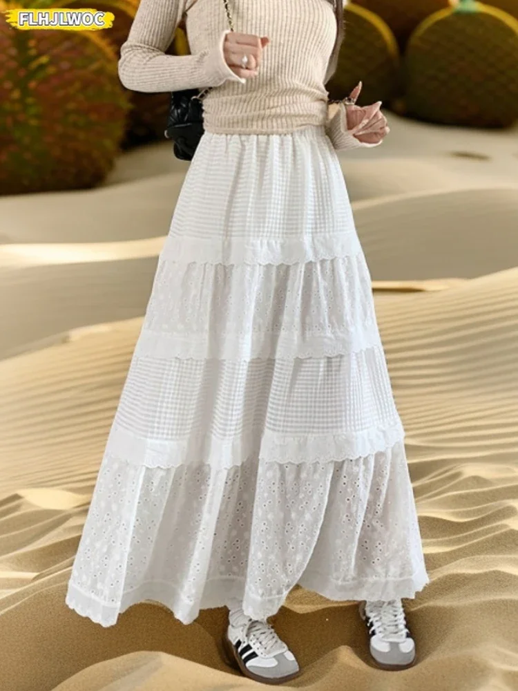 Embroidery Hollow Out Lace Ankle Length Skirts Layer Autumn Winter Cute Sweet Japan Girl Solid High Waist Long Maxi White Skirt