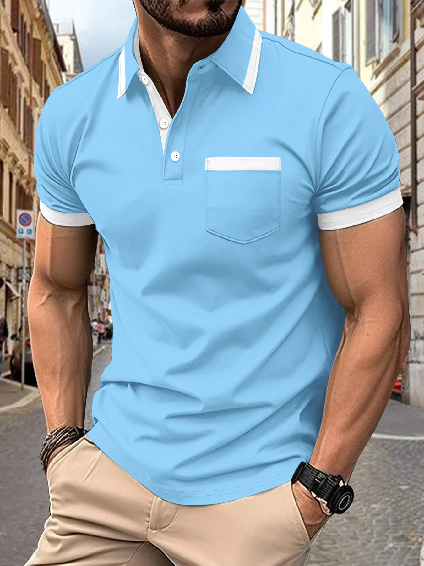

Men's POLO Shirt Fashion Trend Urban Button-Down Lapel Chest Pocket Casual Color Matching Summer Top Short Sleeve