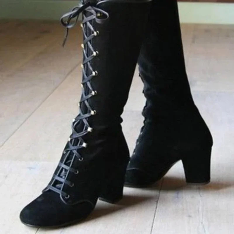 2024 Black Boots Women Shoes  Knee High Women Casual Vintage Retro Mid-Calf Boots Lace Up Thick Heels Shoes