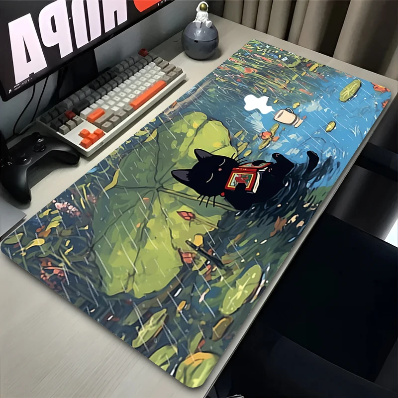 Black Cat Mouse Pad HD Print Cartoon Extended Desk mat kawaii Gaming Accessories Lock Edge Computer Mousepad Gamer keyboard pad