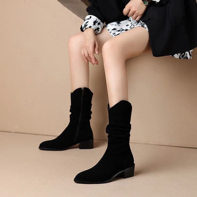 

Autumn Winter Pointed Toe Middle Heel Ladies Mid Calf Shoes Gothic Comfortable and Elegant 2025 New Y2k Women's Half High Boots