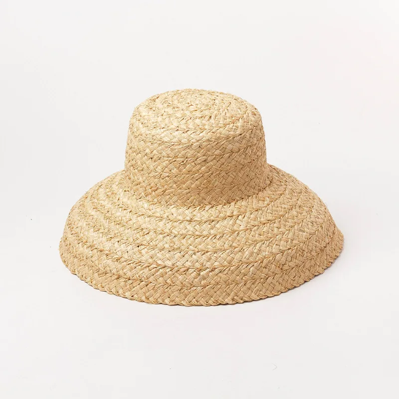 

X285 Adult Retro Flat Hat Top Drooping Brim Hand-woven Raffia Sun Cap Lafite Hat Lady Outdoor Sun-shading Beach Caps Panama Caps