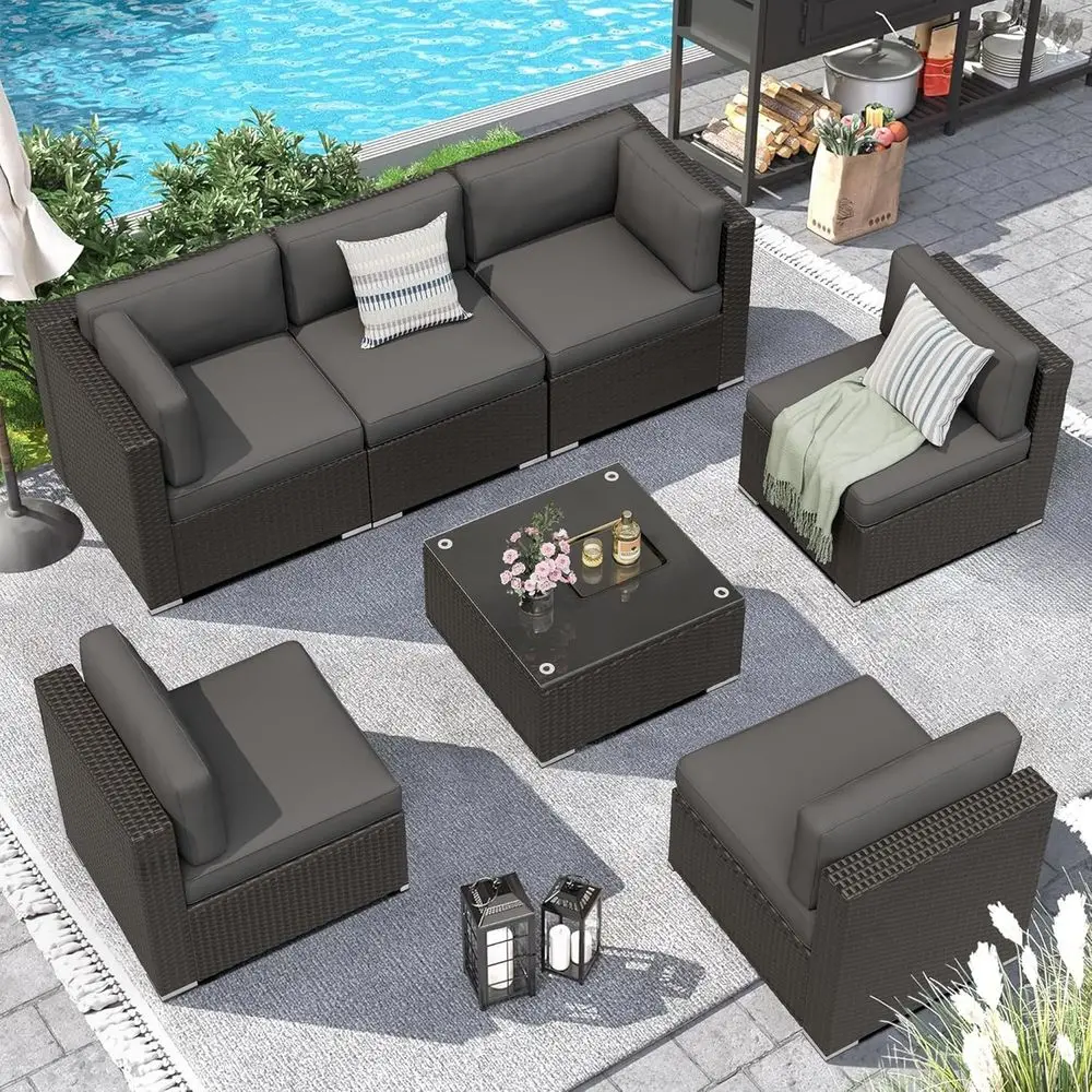 

7-Piece Grey Wicker Outdoor Patio Sectional Sofa Set with Cushions and Tempered Glass Table