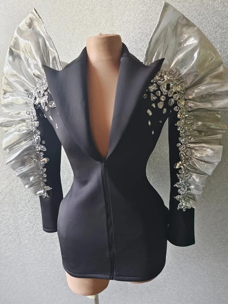 Silver Trim Singer Stage Show Dress Diamonds Black Suit Stage Jacket Party Drag Queen Performance Costume