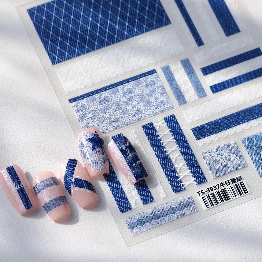 

Blue Denim White Lace Strap Bowknot Gird Fabric Art Rose Print Flower Chic Individual Adhesive Nail Art Stickers Manicure Decals
