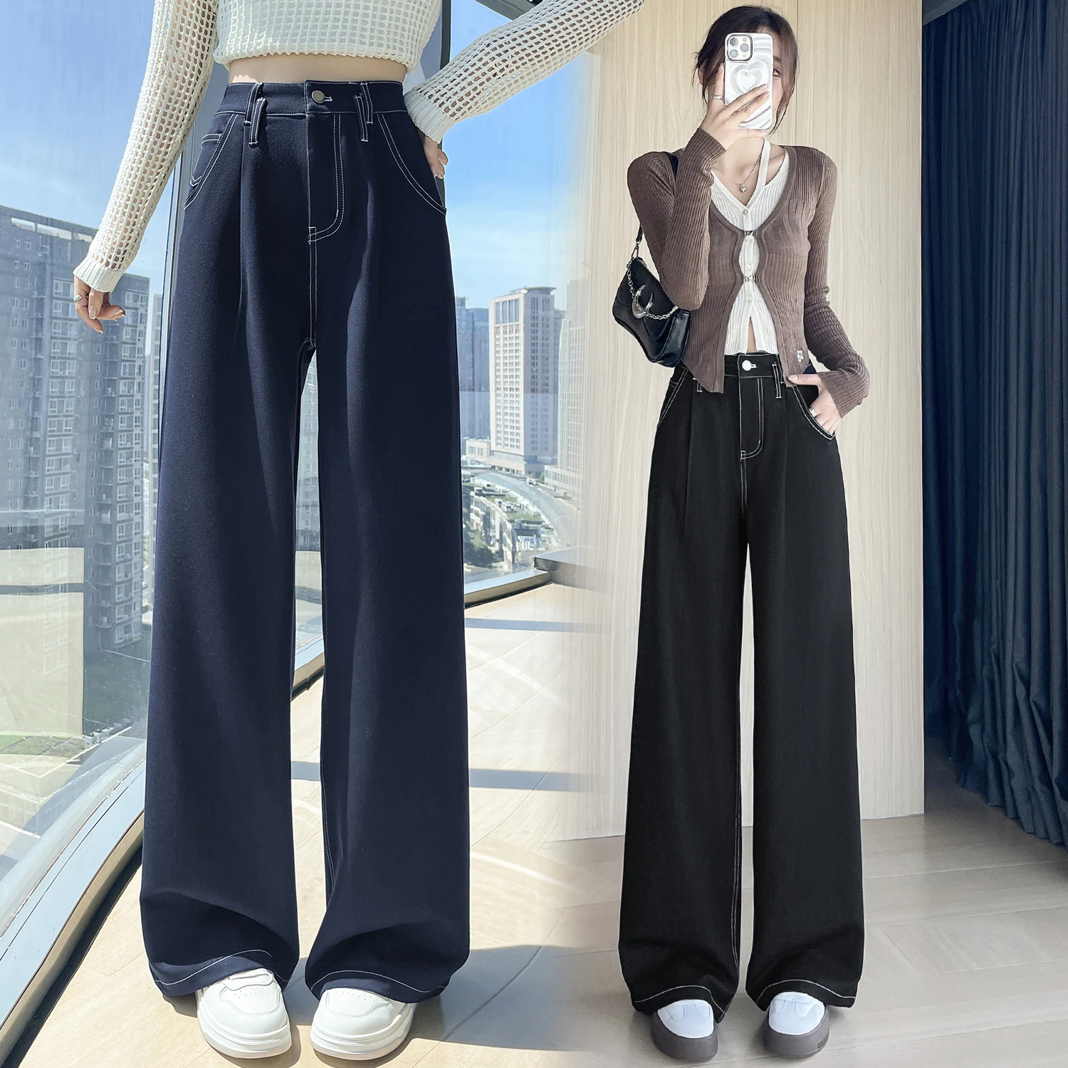 

High-Waisted Loose-Fit Casual New Jeans Women's American Style Breadth Blue Wide-Leg Trousers Draped Meat-Covering Full length