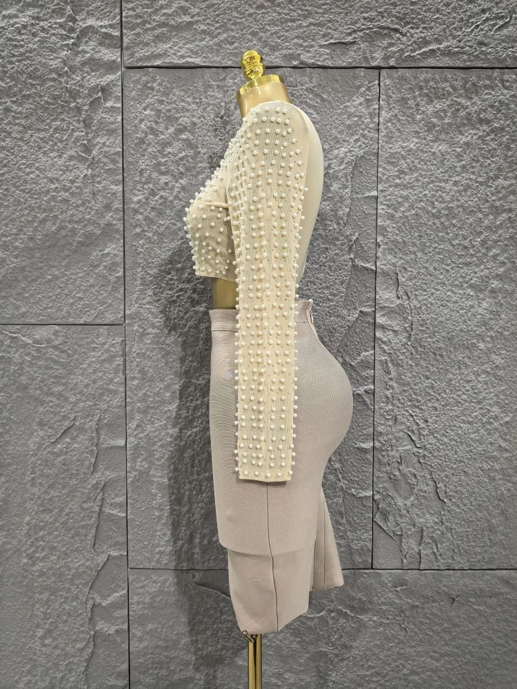 Haute qualité femmes à manches longues Sexy perles 2 pièces moulante pansement Mini robe discothèque fête célébrer tenue de mode