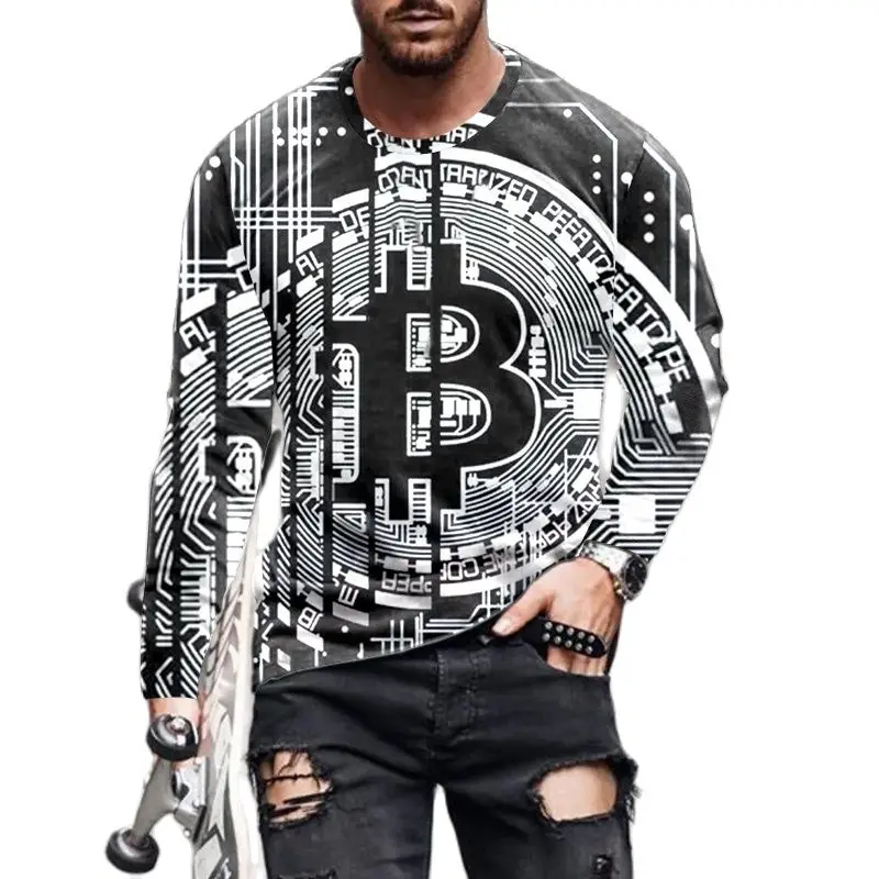 Fashion Bitcoin Graphic 3D Pringted Mens T-shirts Spring Streetwear Round Neck Long Sleeve Casual Loose Tops Tee Men Clothing