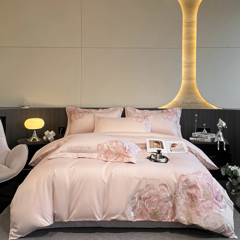100% Cotton Flowers Embroidery Luxury Bedding Set Pink Gray Blue Duvet Cover Set Flat/Fitted Bed Sheet Set Pillowcases 4Pcs