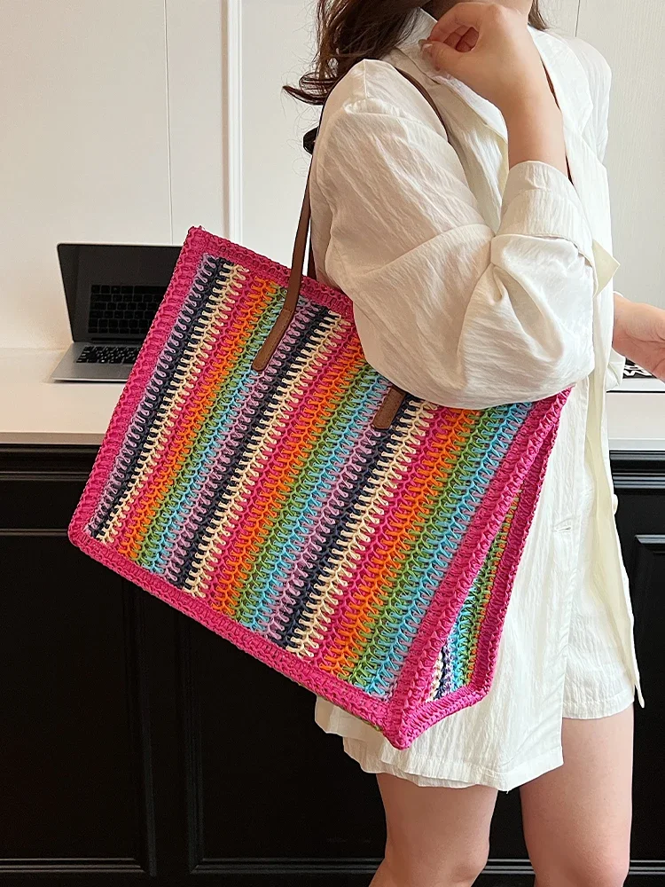 Stylish Rainbow Woven Canvas Tote Bag for Ladies