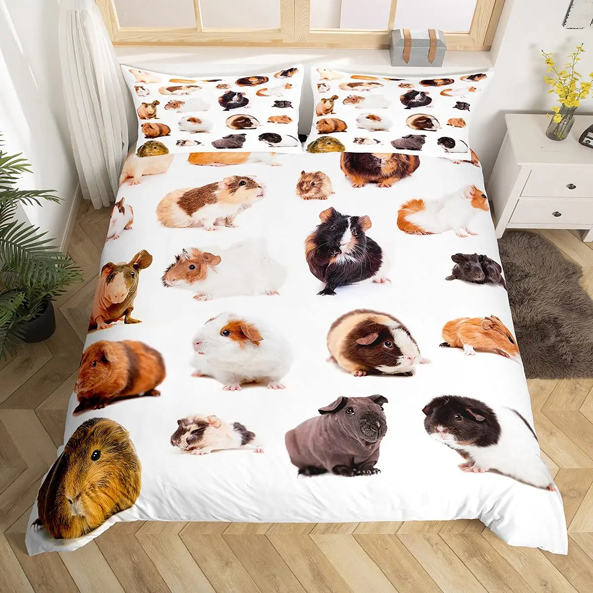 Guinea Pig King Queen Bedding Set Lovely Cartoon Mouse Duvet Cover Flower Plant Animal Comforter Cover Polyester Quilt Cover