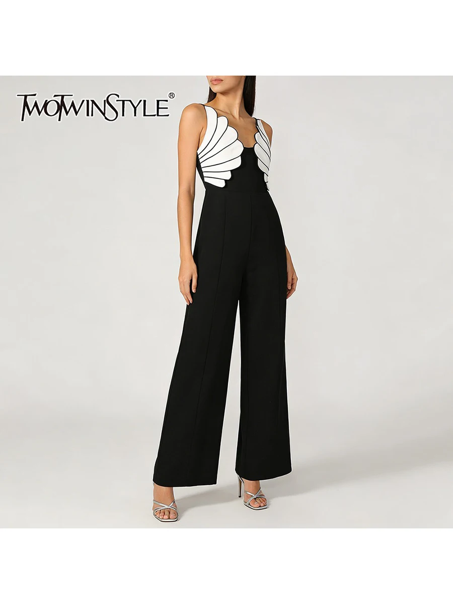 

Женский комбинезон TWOTWINSTYLE с контрастными вставками и аппликациями, V-образный вырез, без рукавов, с завышенной талией, повседневный стиль