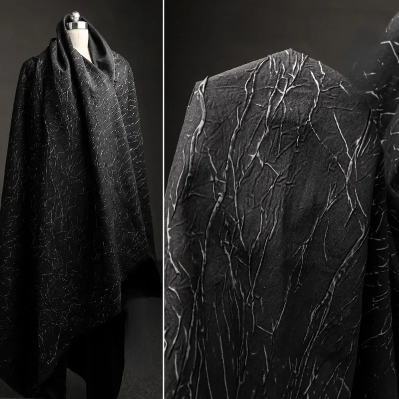 

Silver Crackle Jacquard Black Pleated 3D Textured Fabric Creative Coat Designer Sewing Material