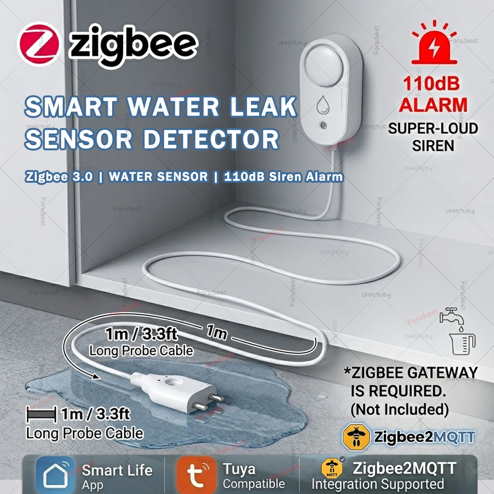 

Датчик протечки воды Tuya Zigbee с зондом, звуковая сигнализация 110 дБ, обнаружение воды для дома, кухни, ванной комнаты Z2M
