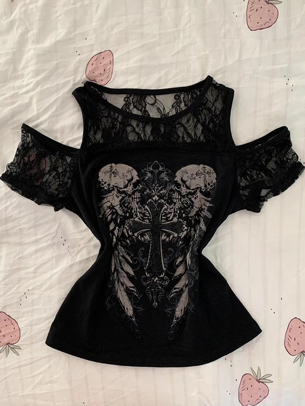 

Оригинальный кружевной топ с цветочным принтом в стиле ретро Y2K, эстетичная облегающая футболка ort Sve, женская корейская хлопковая летняя футболка