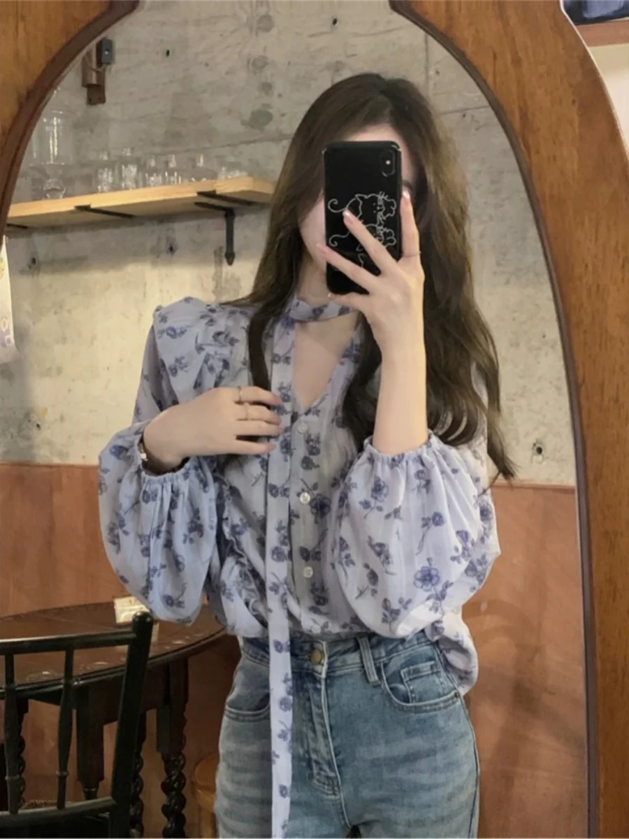 

Spring Summer Long Sve Chiffon irt Versatile Floral Print Single Button Hemmed Top Commute Sle Polyester Fiber 00%