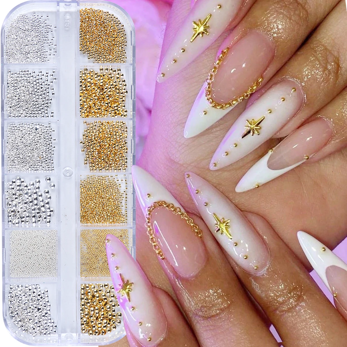 12 Gitter, goldene und silbrige Nagel-Kaviarperle, 3D-Metall-Nagel-Charms, Edelsteine, Nageldekoration, gemischte Größen, runde Stahlkugel-Maniküre-Perlen