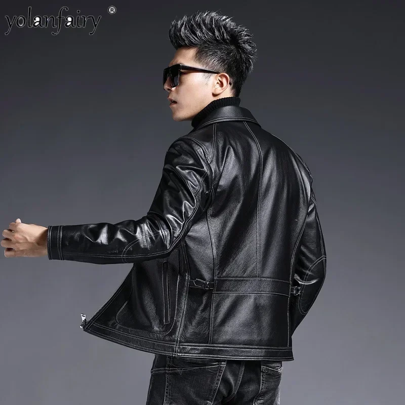 2023 New Leather Clothing Male Natural Cow Leather Jacket Men Short Motorcycle Jackets for Men Outwears with Big Pockets Abrigos