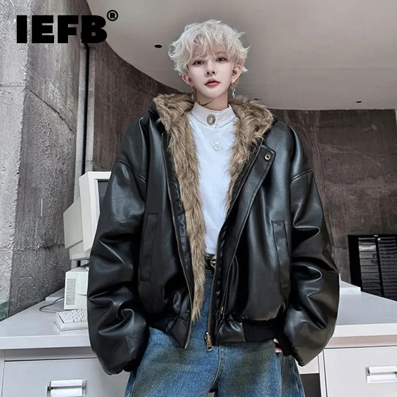 IEFB High Street Men's Padded Jackets Casual PU Leather Faux Fur Design Hooded Thickened Loose Male Coats Streetwear New 9C8421