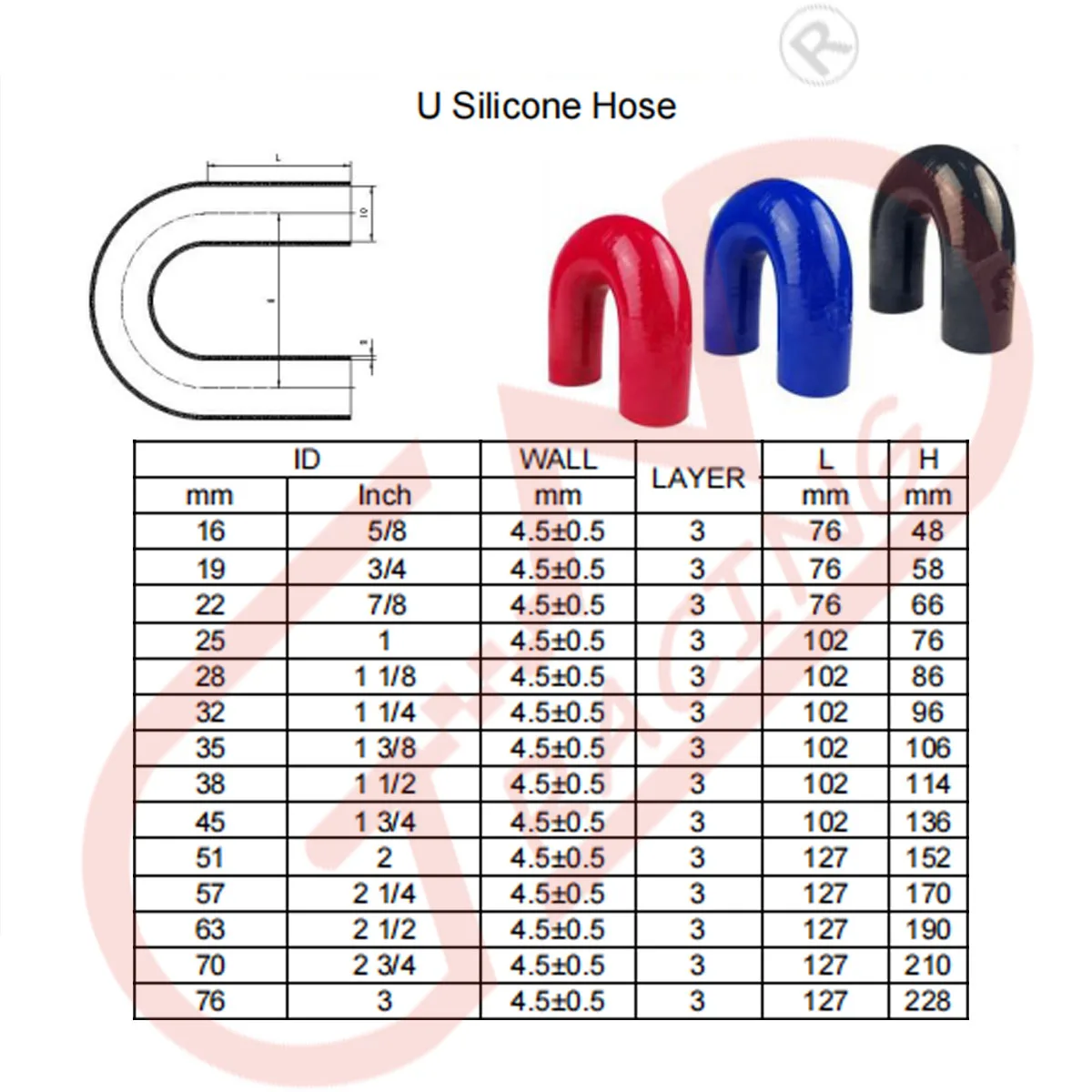 ID16MM 3 Layers Polyester Silicone Hoses Silicone Elbow Hose 180 Degree Intercooler Intake Turbo Pipe