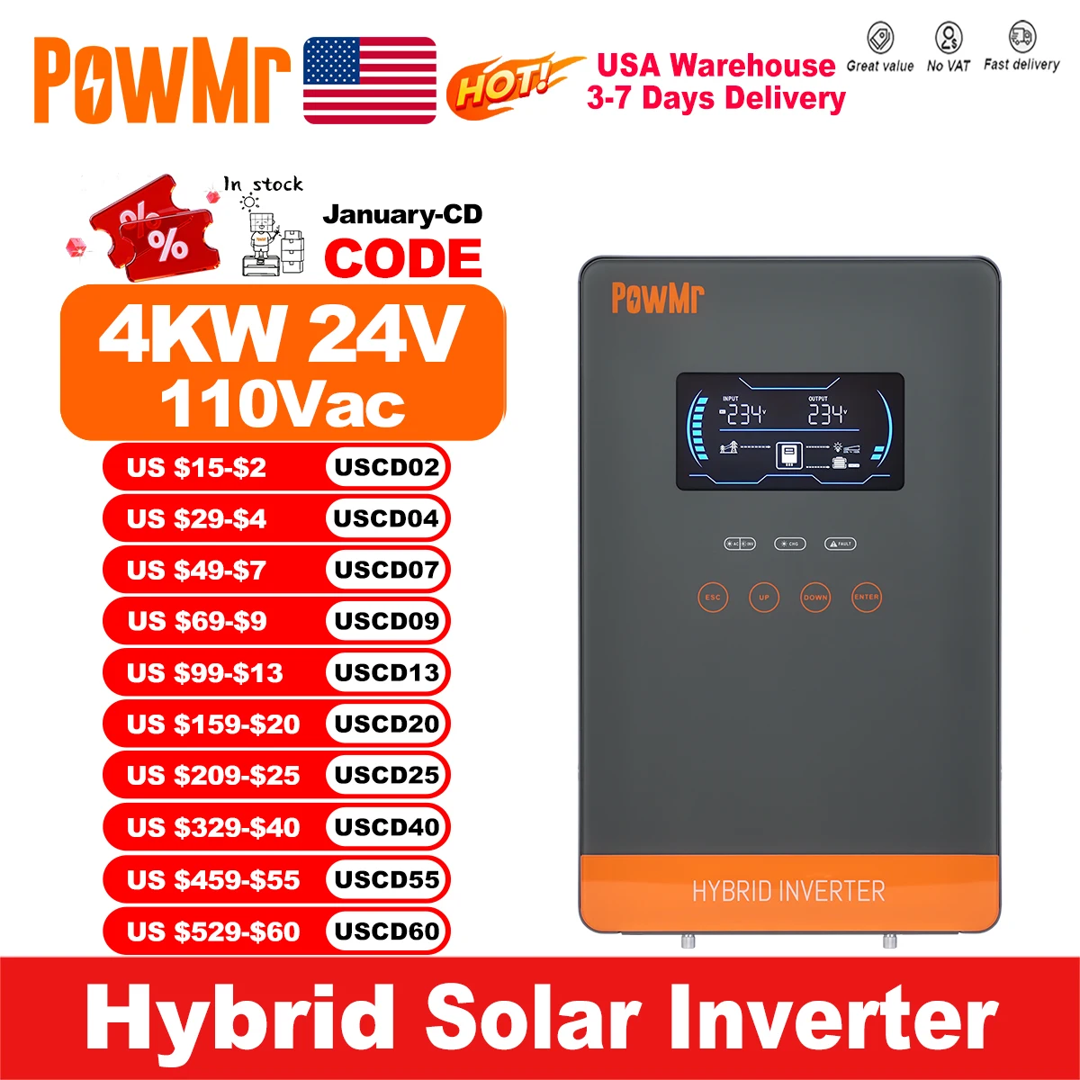 PowMr-inversores solares fuera de la red, 4KW, 110Vac, 120Vac, 24V, 140A, 5600W, cargador MPPT, inversor doméstico de onda sinusoidal pura, pantalla LCD de 6,25 pulgadas