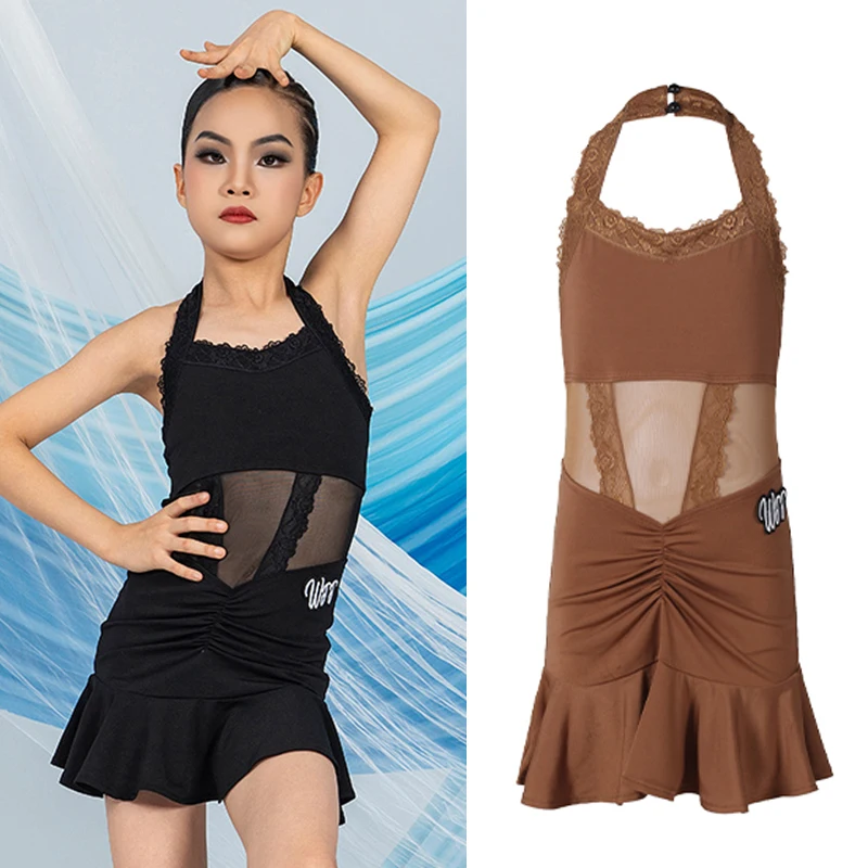 Kids Latin Dance Clothes Girls Hanging Neck Mesh Dress Summer Practice Wear Cha Cha Rumba Dance Performance Dress Black DNV19653