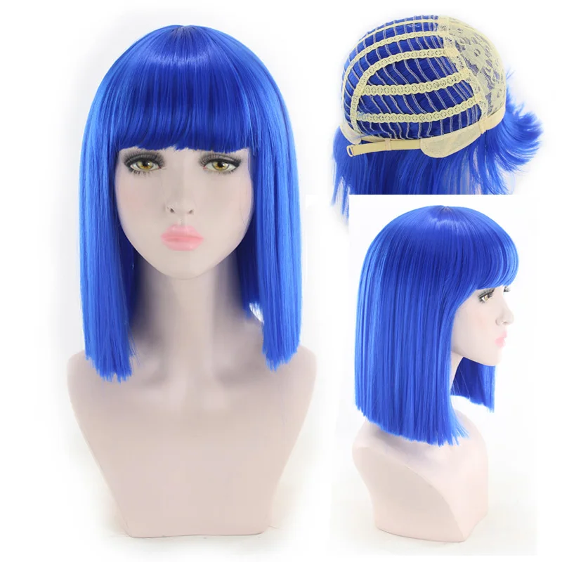 Synthetic Hiar Cheap Wigs For Women Blonde Bob Cosplay Wig With Bangs Short Black White Red Purple Blue Red Dark Green Lolita