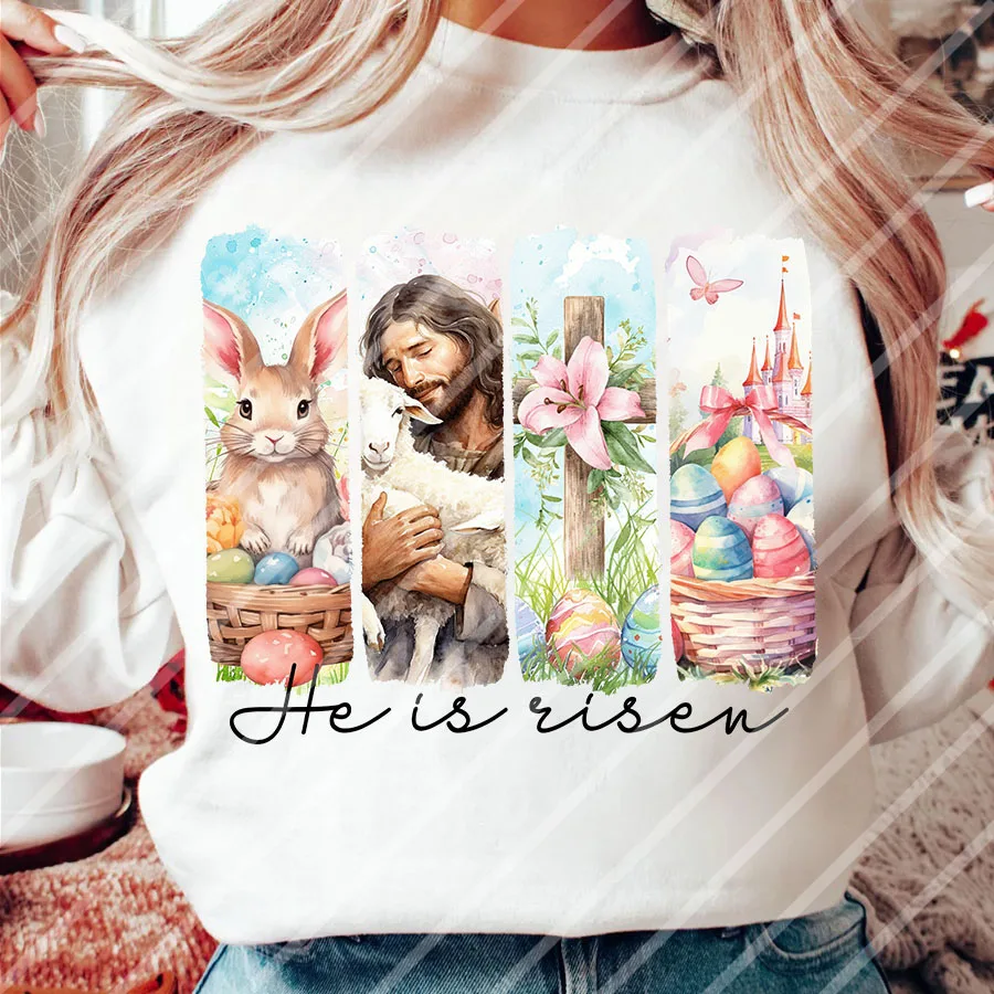عيد الفصح هو صعود يسوع الأرنب DIY بها بنفسك الحديد على نقل الحرارة ملصق مائي تي شيرت بلوزات حقيبة الملابس النسيج ديكور الحفلات