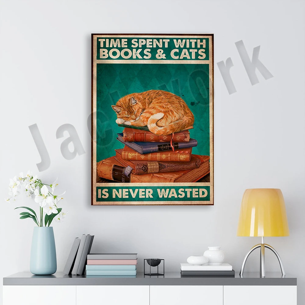 Time spent with books and cats is never wasted poster, vintage book print, book lover gift, reading book poster