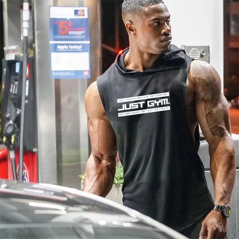 Men Hooded Stringer Tank Top Summer Cotton Sports Sleeveless Hooded Gym Vest For Male Running Bodybuilding Fitness Casual Wear