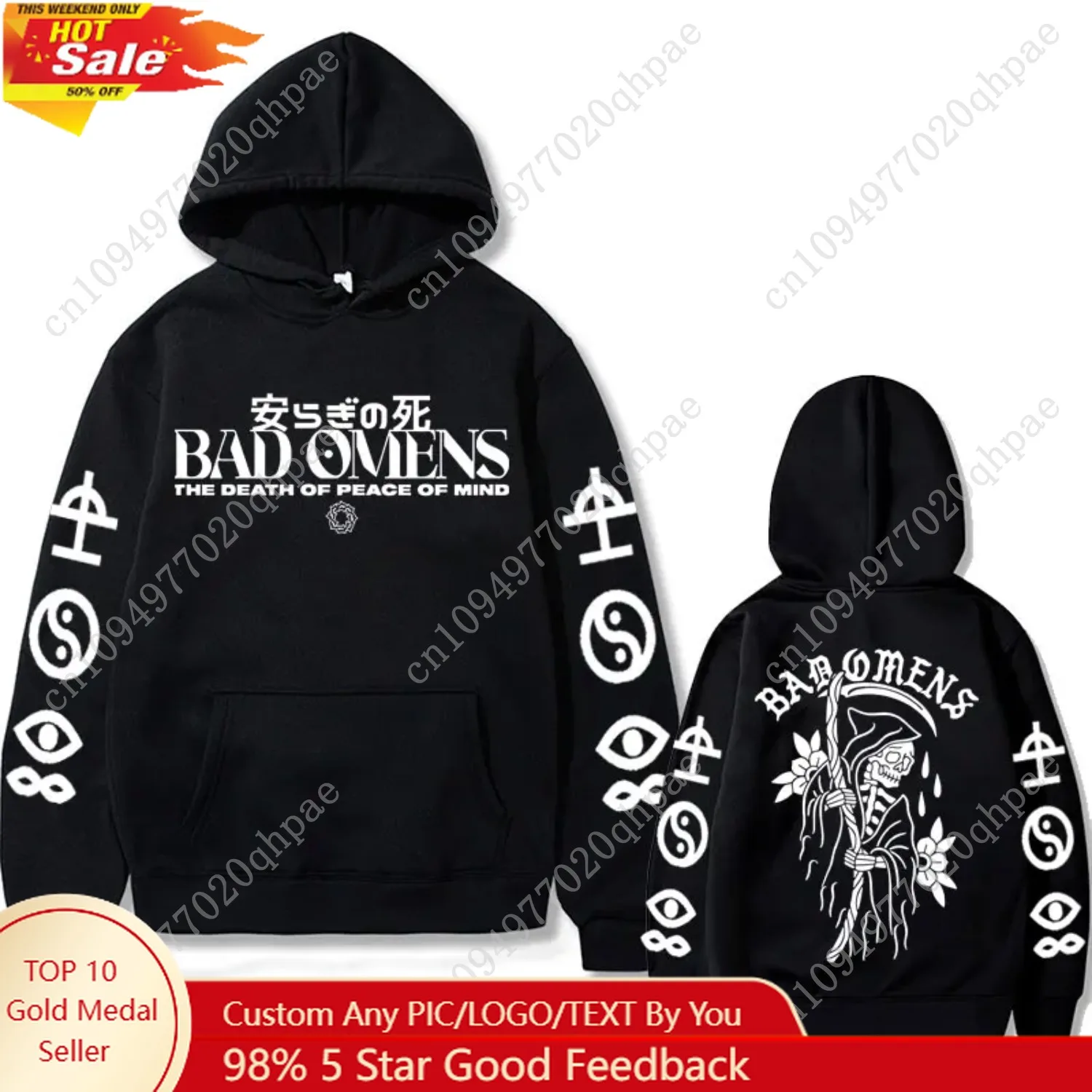 

Bad Omens Band Tour American Music Print Hoodie The Death of Peace of Mind Skeleton Graphic Hoodies Male Rock Gothic Sweatshirts