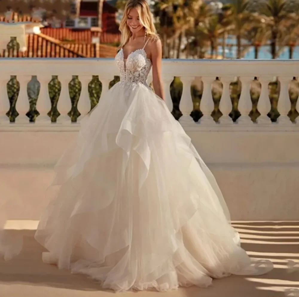 Vestidos de casamento simples, plissados, cintas de espaguete, renda, apliques, babados, tule, sem encosto, vestidos de noiva, 2022