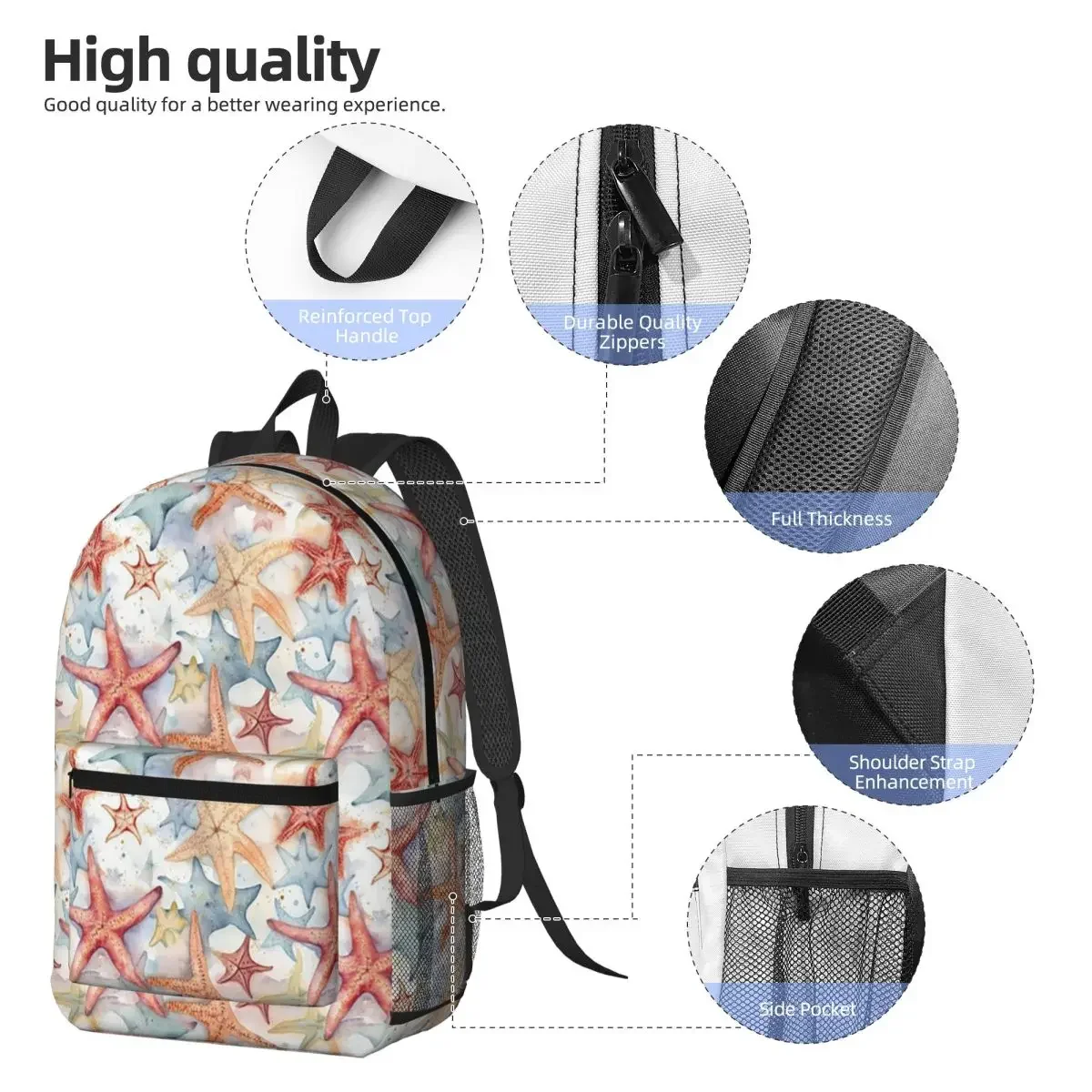 Beachthemed Starfish Shell Pattern Backpack Boys Girls BookBag Children School Bag Computer Shoulder Bags for Men Women