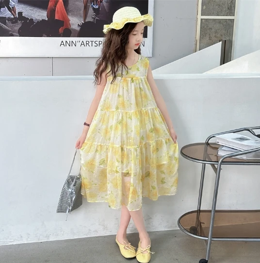 

Girls Skirt 2025 Summer New Childrens Clothing Girls Baby Fashion Flowers Retro Lotus Leaf V-collar Princess Skirt Casual