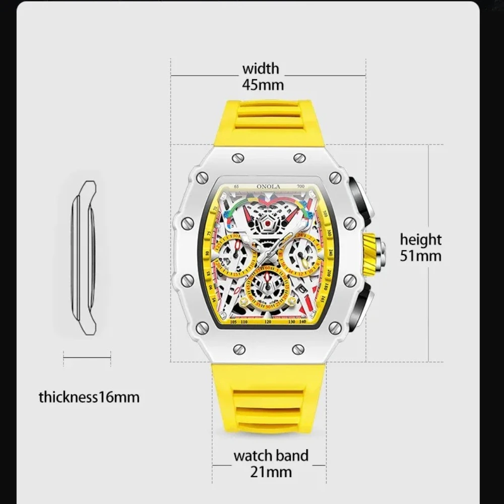 ONOLA 6827 Orologio al quarzo da uomo di tipo botte di vino alla moda, cinturino in silicone casual, calendario, cronometro impermeabile, orologi per uomo