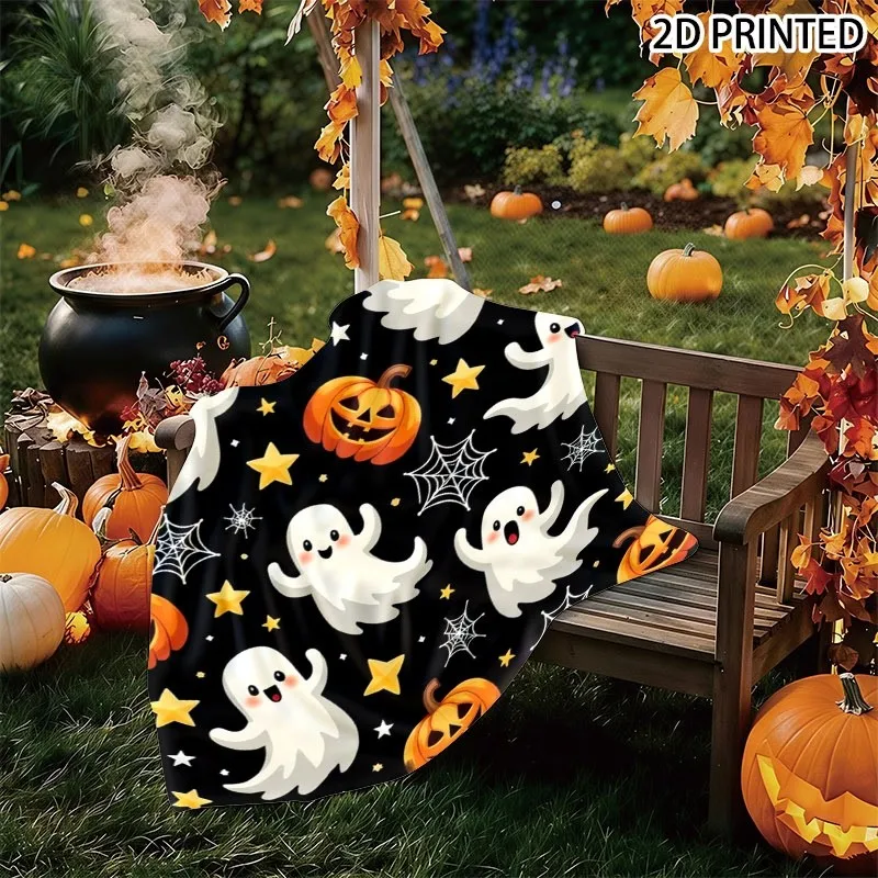 Playful Halloween - Themed Throw Blanket (Black Background, Cute White Blushing Ghosts, Carved Orange Jack - O' - Lanterns, Yell
