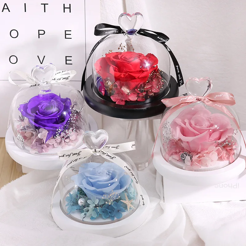 

HOT Exclusive Rose in Glass Dome with Lights Real Eternal Rose Beauty And The Beast Preserved Rose Mother's day gift Wedding