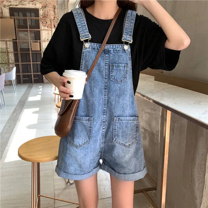 

Summer Denim Shorts Female Students High Waist Slimming Loose Overalls with Holes To Reduce Age Wide-leg Women's Overalls