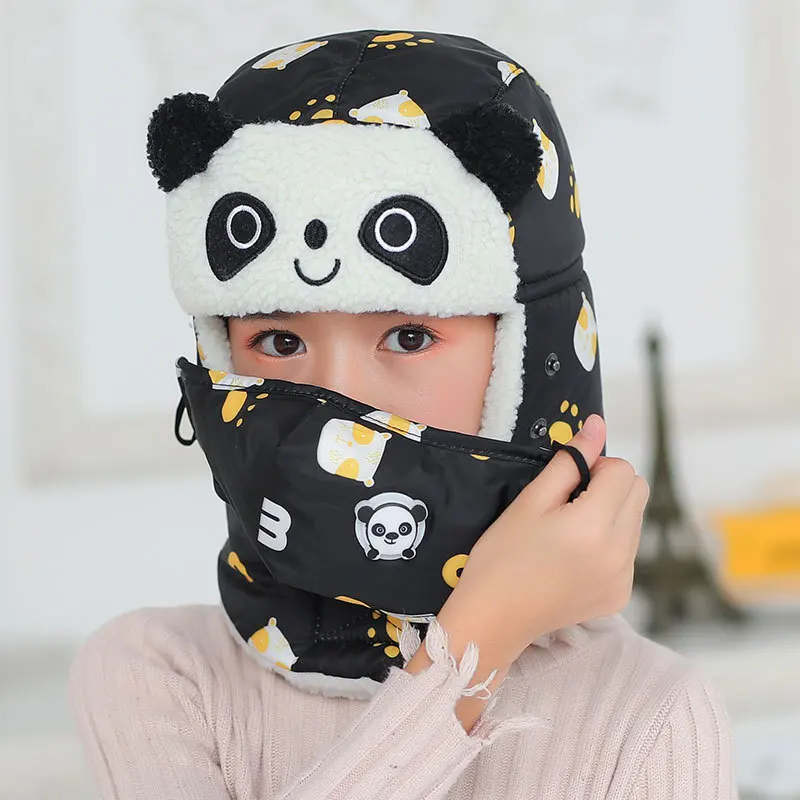 2022 Animal Panda Bomber Hat for Girl Boy Winter Hats Cap with Scarf Neck Masks Cotton Snow Cap Earflaps Russian Hat Mask Warm