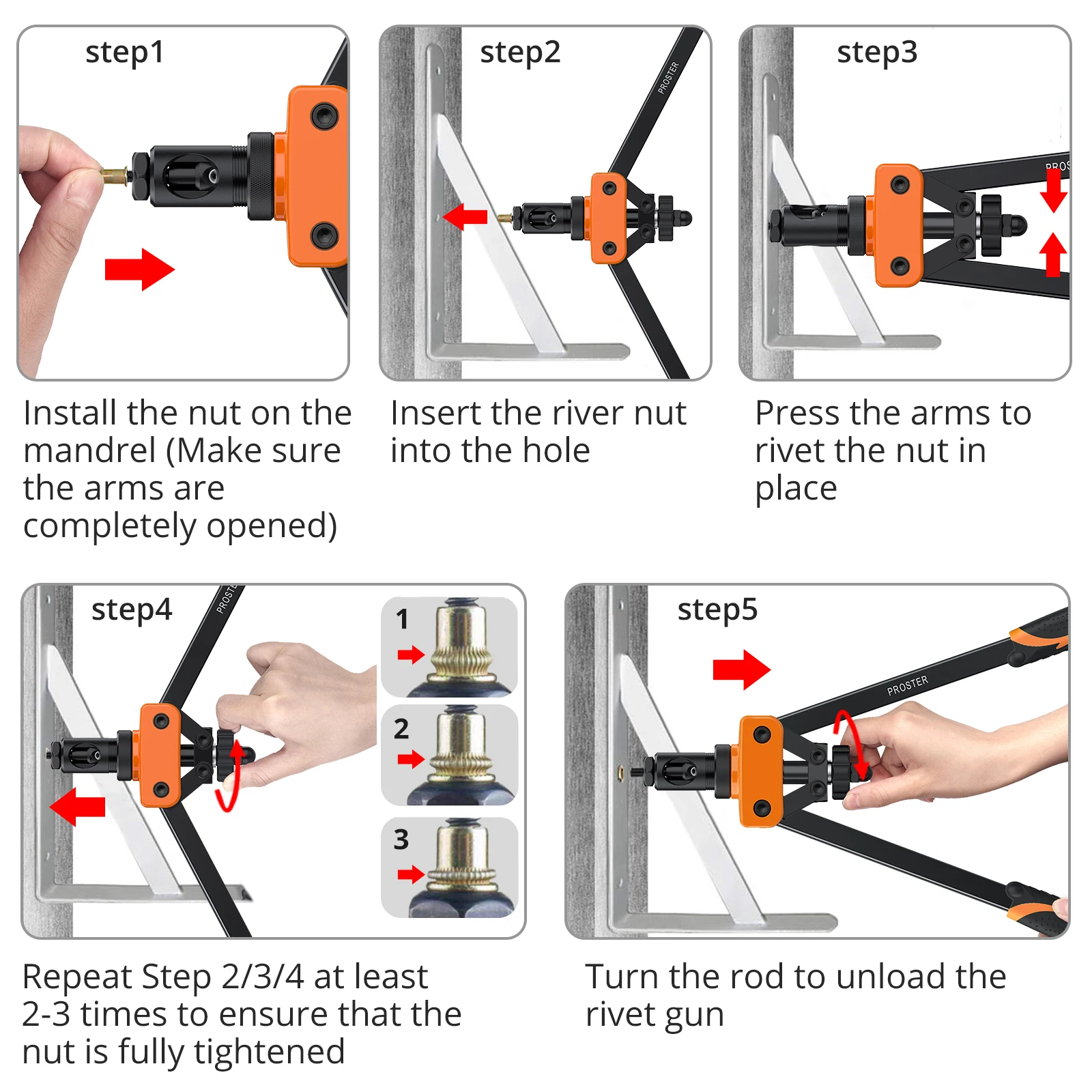 Proster 14"Heavy Duty Hand Rivet Nut/Thread  Setter Kit High-Strength Carbon Steel Handleswith 6pcs Metric Mandrels 150pcs Rivet
