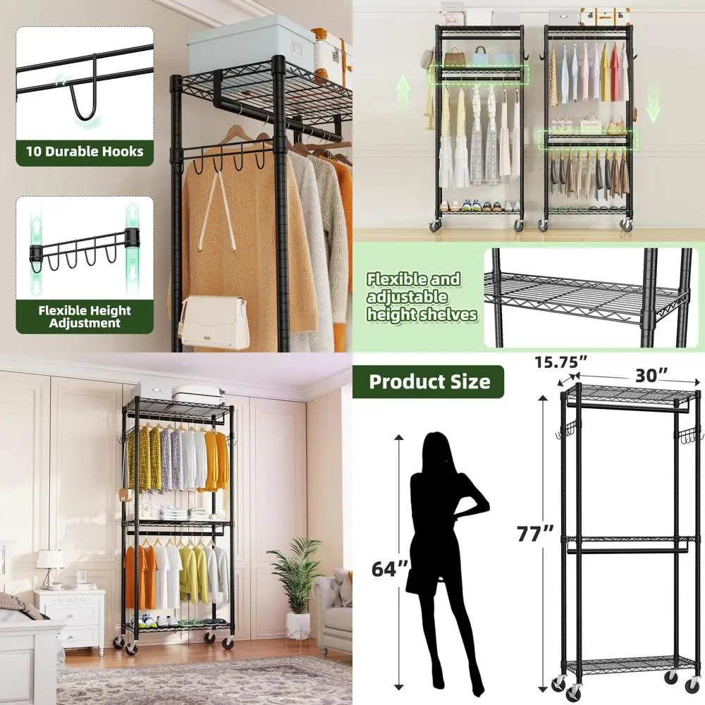 

77 Heavy-Duty Portable Wardrobe Rack with Adjustable Shelves and Wheels for Hanging Garments in Black